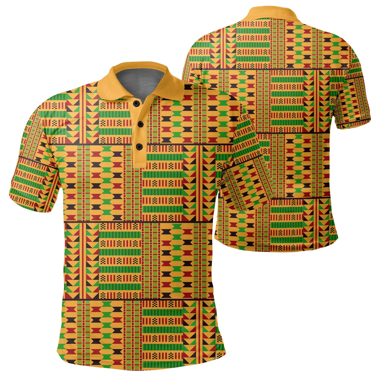 Multicolor kente-pattern polo shirt, front view with black buttons and collar