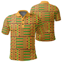 Multicolor kente-pattern polo shirt, front view with black buttons and collar
