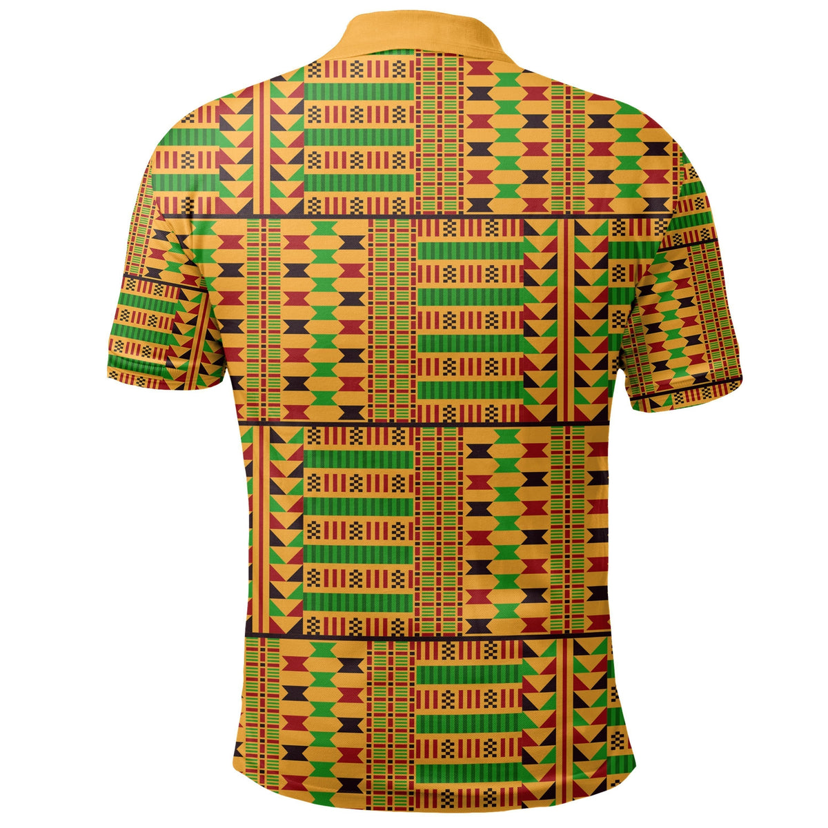 Multicolor kente-pattern polo shirt, back view with short sleeves