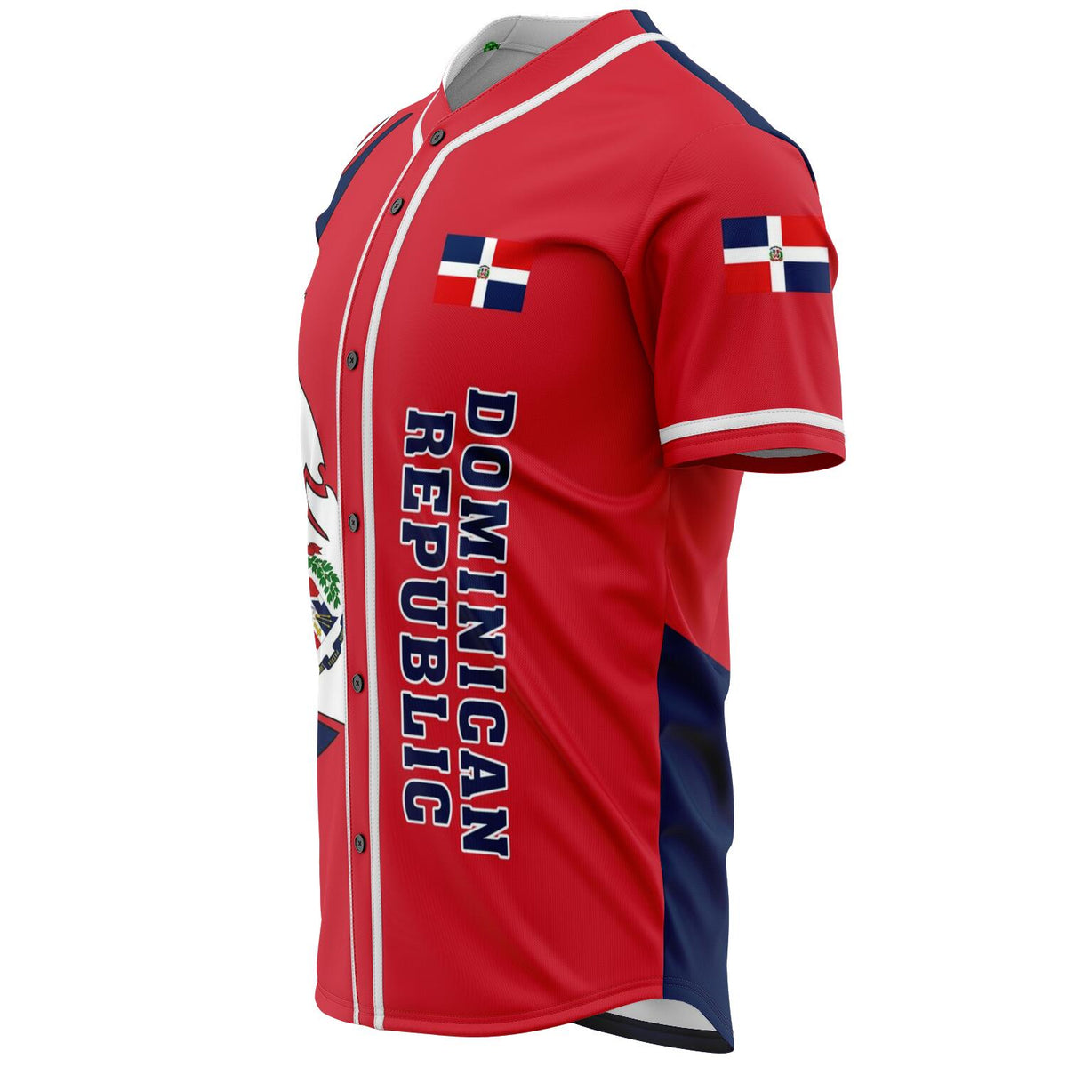 Dominican baseball jersey red with white pinstripes, button placket, Dominican text
