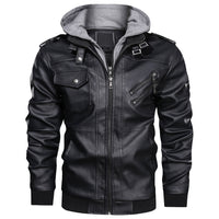 Black leather jacket with gray hoodie lining, stand collar, zip front and side pockets