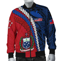 Red/blue Samoa graphic bomber jacket, zip front, black cuffs and collar