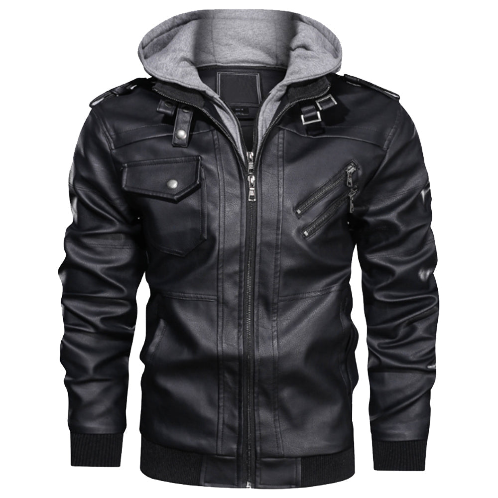 Black leather hooded jacket front view, zip closure, two chest pockets and side zips