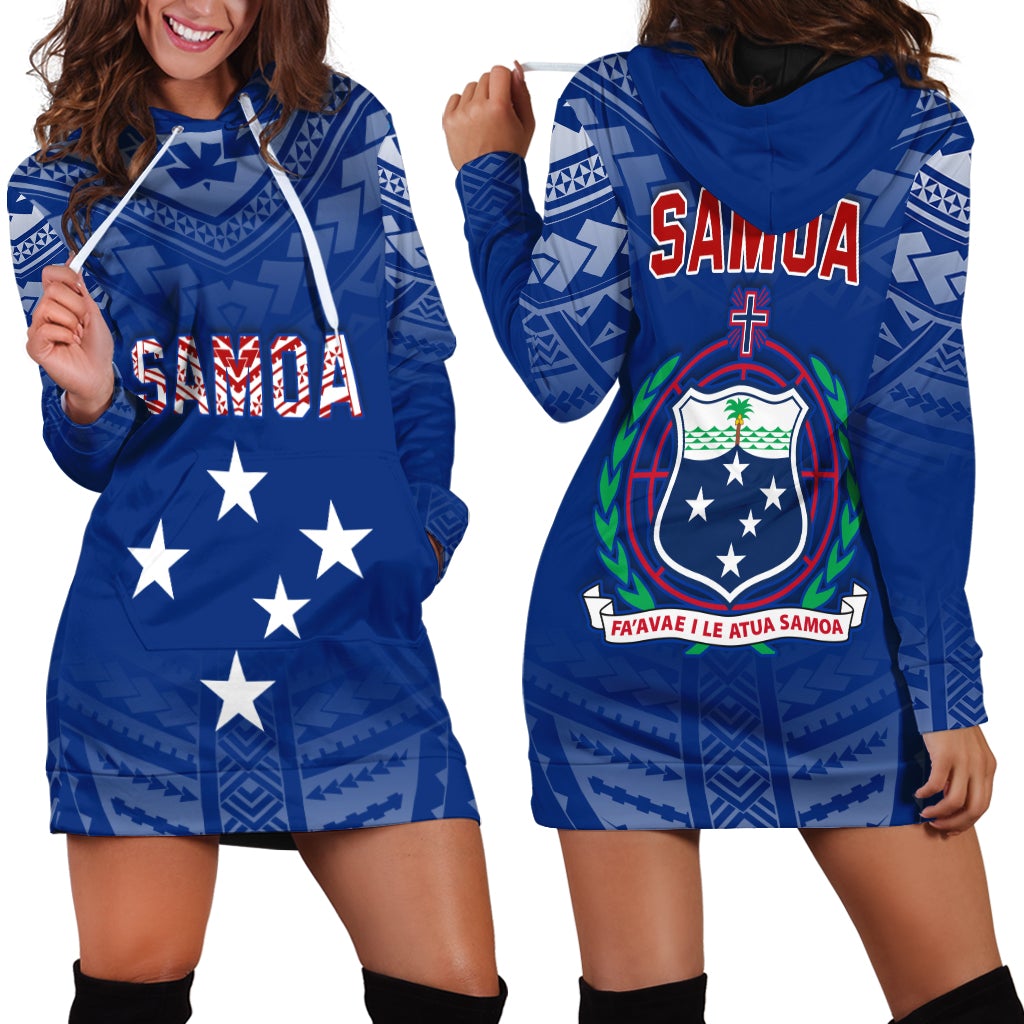 Blue Samoa hoodie dress, hood with white drawstrings, SAMOA and star graphic.