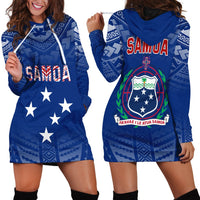 Blue Samoa hoodie dress, hood with white drawstrings, SAMOA and star graphic.