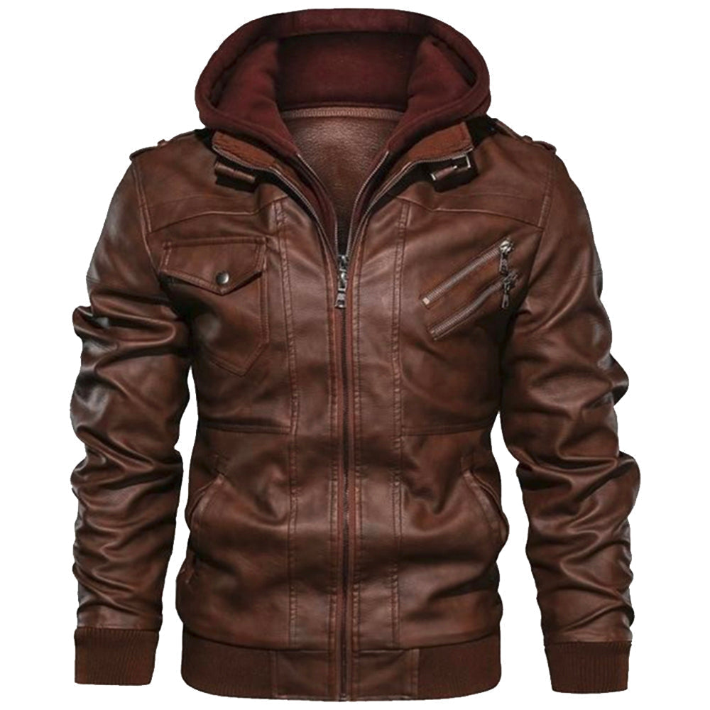 Brown hooded leather jacket front view with zip closure, snap pockets, and hood lining
