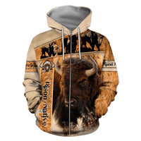 Unisex zip hoodie with all-over bison native-style graphic, tan and dark brown