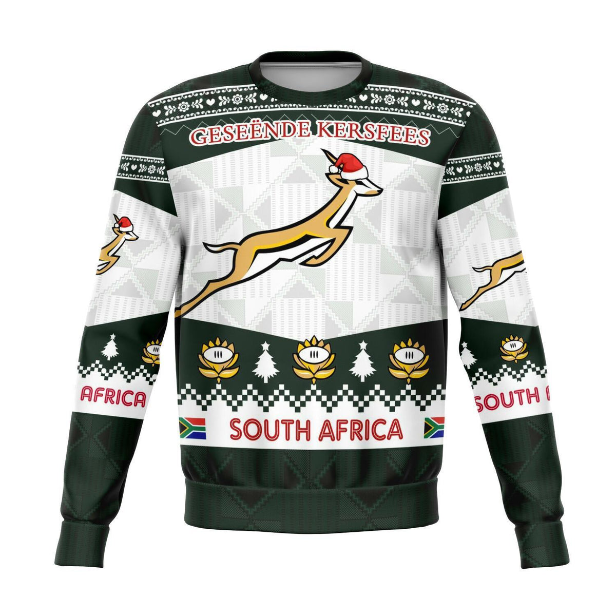 Springboks Christmas sweatshirt, dark green/white with kangaroo graphic and SOUTH AFRICA text
