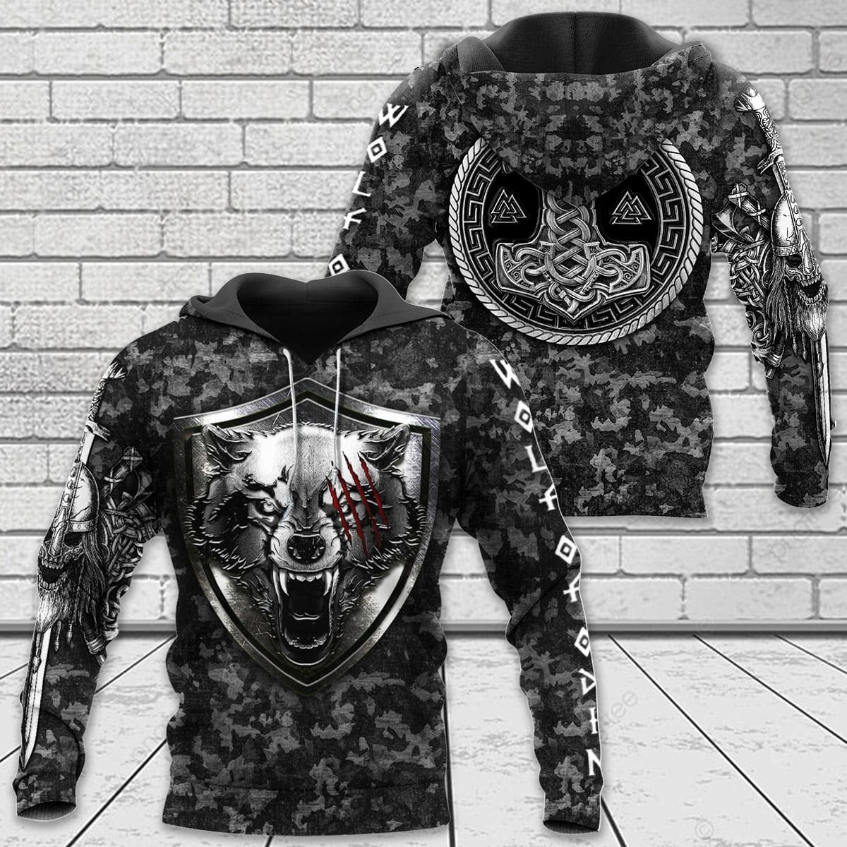 Viking Clothing Viking Fenrir Wolf and Hammer Hoodie RLT12 - Wonder Print Shop