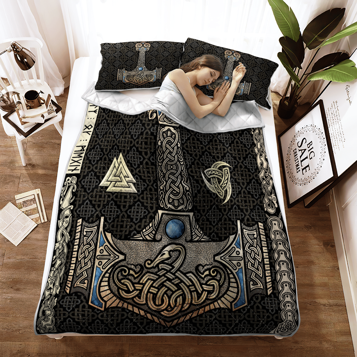 Black Viking quilt bed set with Thor hammer design and two matching pillow covers