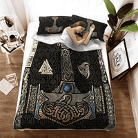 Black Viking quilt bed set with Thor hammer design and two matching pillow covers