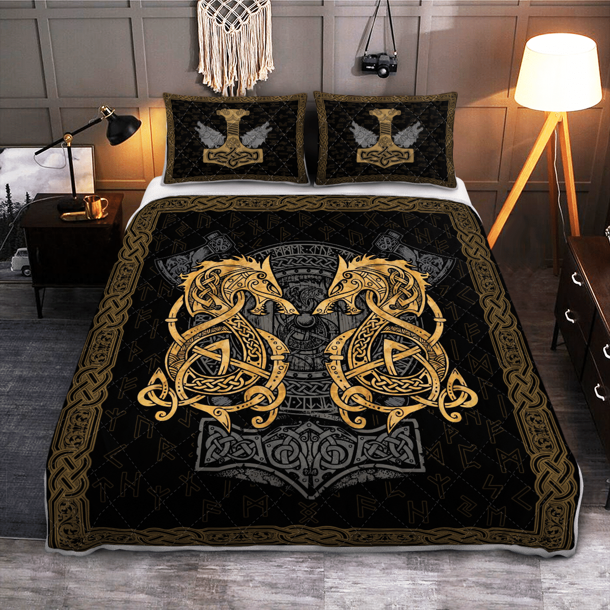 viking-quilt-bed-set-fenrir-wolf-and-hammer-viking-quilt-bedding-set