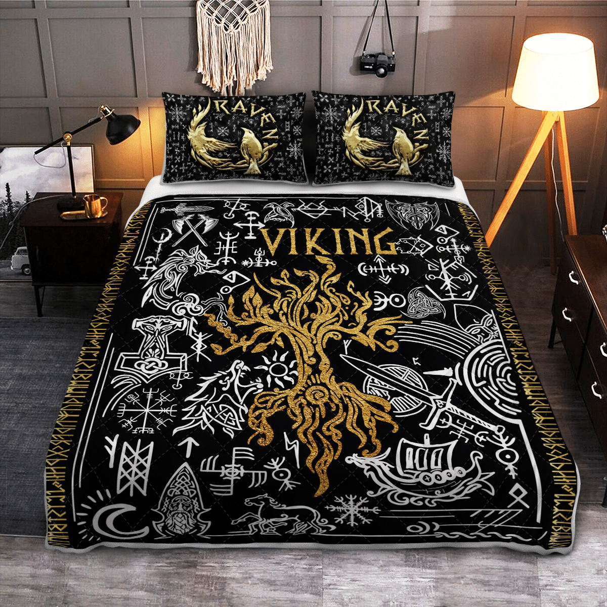 viking-quilt-bed-set-fenrir-wolf-with-norse-pattern-viking-quilt-bedding-set