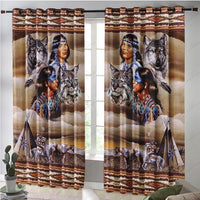 Two curtain panels with wolves and blue-clad Native faces; warm tribal stripe all-over print