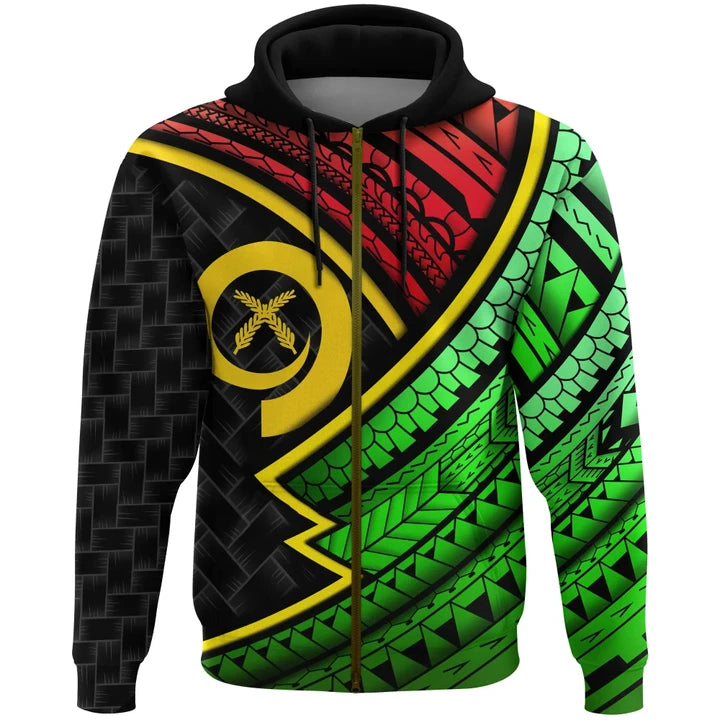 Black hoodie front with colorful geometric Polynesian panel and drawstring hood