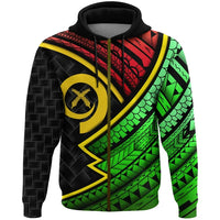 Black hoodie front with colorful geometric Polynesian panel and drawstring hood