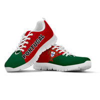 Portugal soccer sneaker with red and green uppers, white laces, white chunky outsole