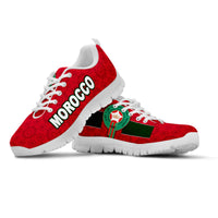 Red lace-up sneaker with white sole, Morocco text and green emblem patch