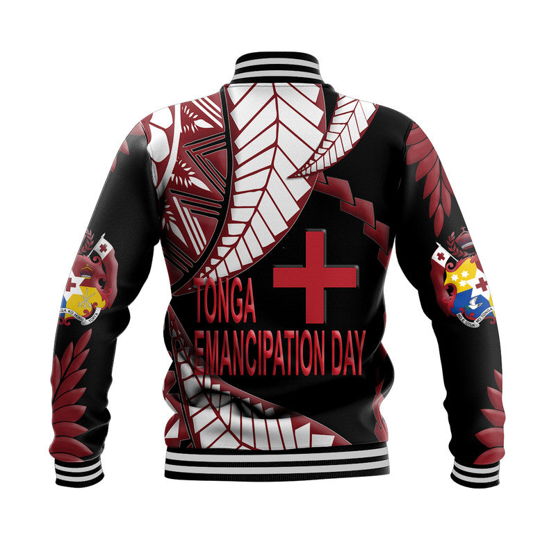 Unisex black baseball jacket with colorful Tonga-themed graphic on back and striped hem
