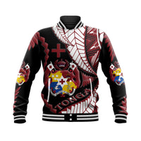 Unisex black baseball jacket with red, white and colorful Tonga-themed graphic front