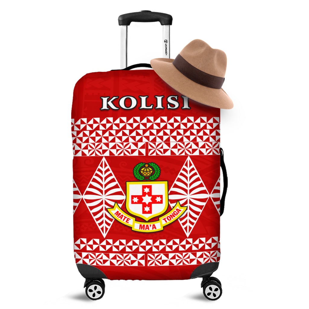 Red luggage cover with Polynesian tribal pattern and crest emblem, front view