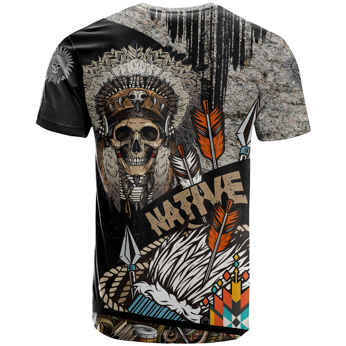 Graphic T-shirt back with skull headdress, feathers, arrows, and tribal grunge pattern