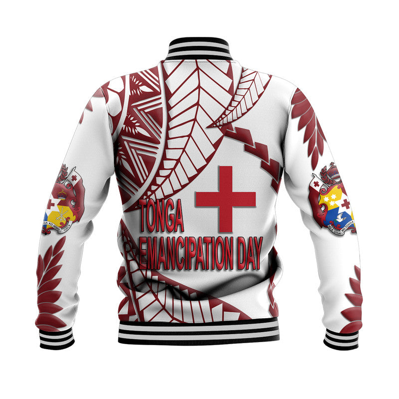 Unisex white baseball jacket back print with large red cross and Tonga Emancipation Day text