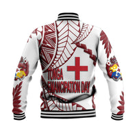 Unisex white baseball jacket back print with large red cross and Tonga Emancipation Day text