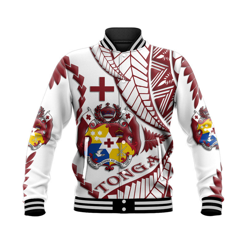 Unisex white baseball jacket with colorful Tonga Emancipation Day crest and graphics