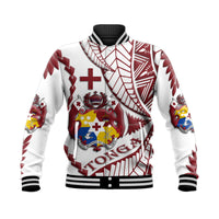 Unisex white baseball jacket with colorful Tonga Emancipation Day crest and graphics