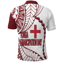 White polo back: maroon trim, large red cross, 'Tonga Emancipation Day' print