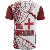 Back view white Tonga emancipation day t-shirt with maroon sleeves, large cross and text