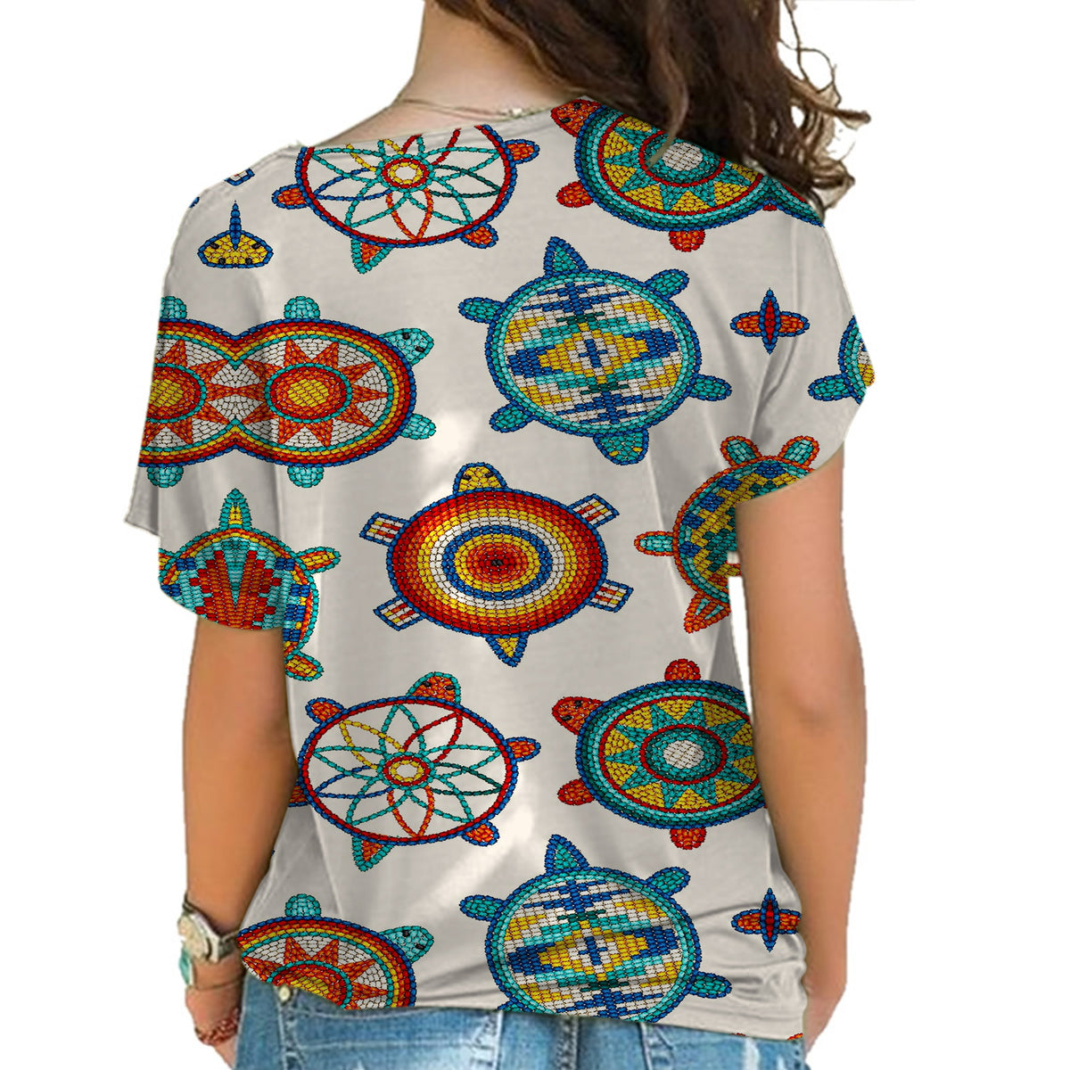 Ivory short-sleeve shirt, multicolor sea-turtle pattern and circular medallions on back