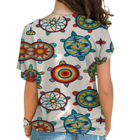 Ivory short-sleeve shirt, multicolor sea-turtle pattern and circular medallions on back