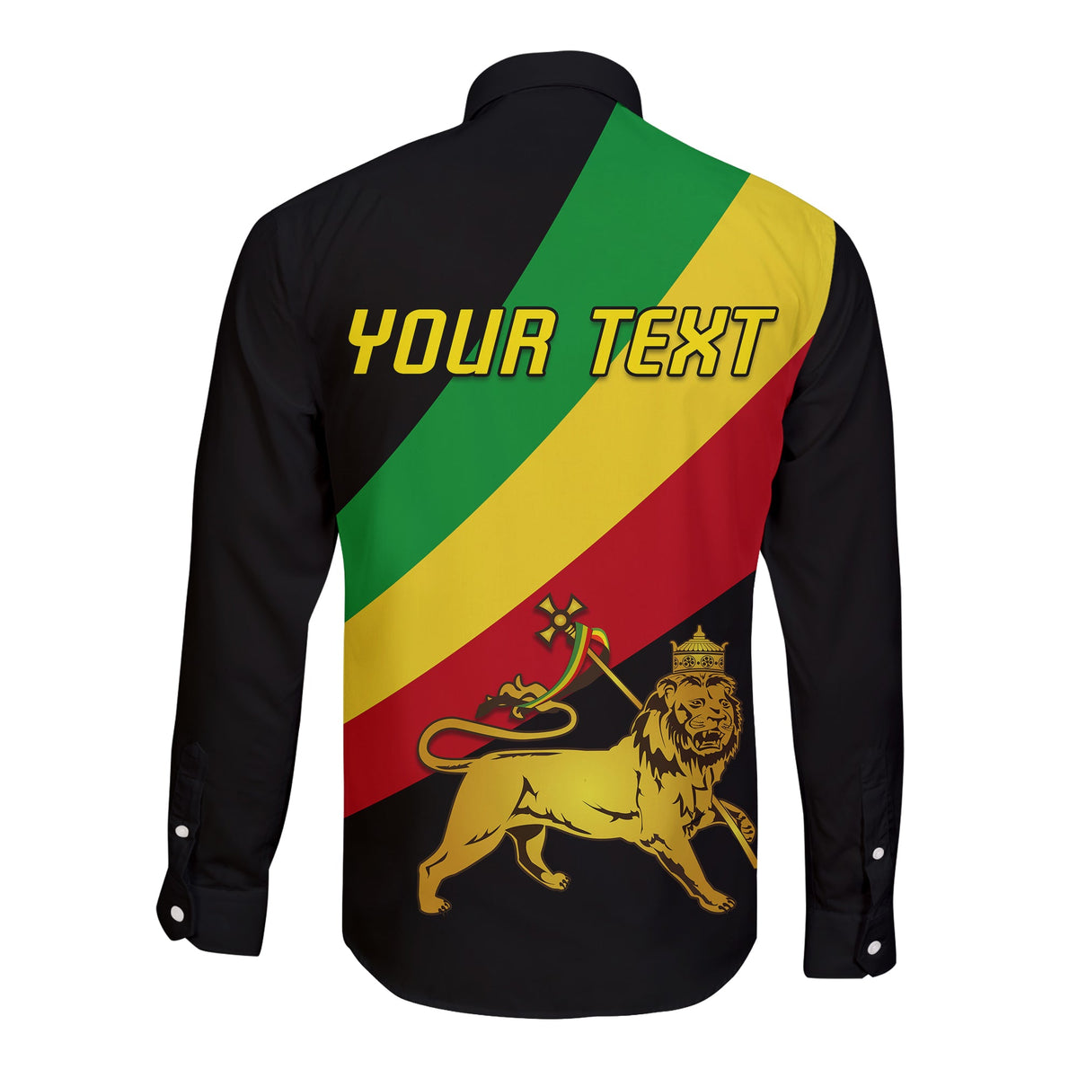 Ethiopia flag long-sleeve button shirt, black, back shows “YOUR TEXT” and lion emblem