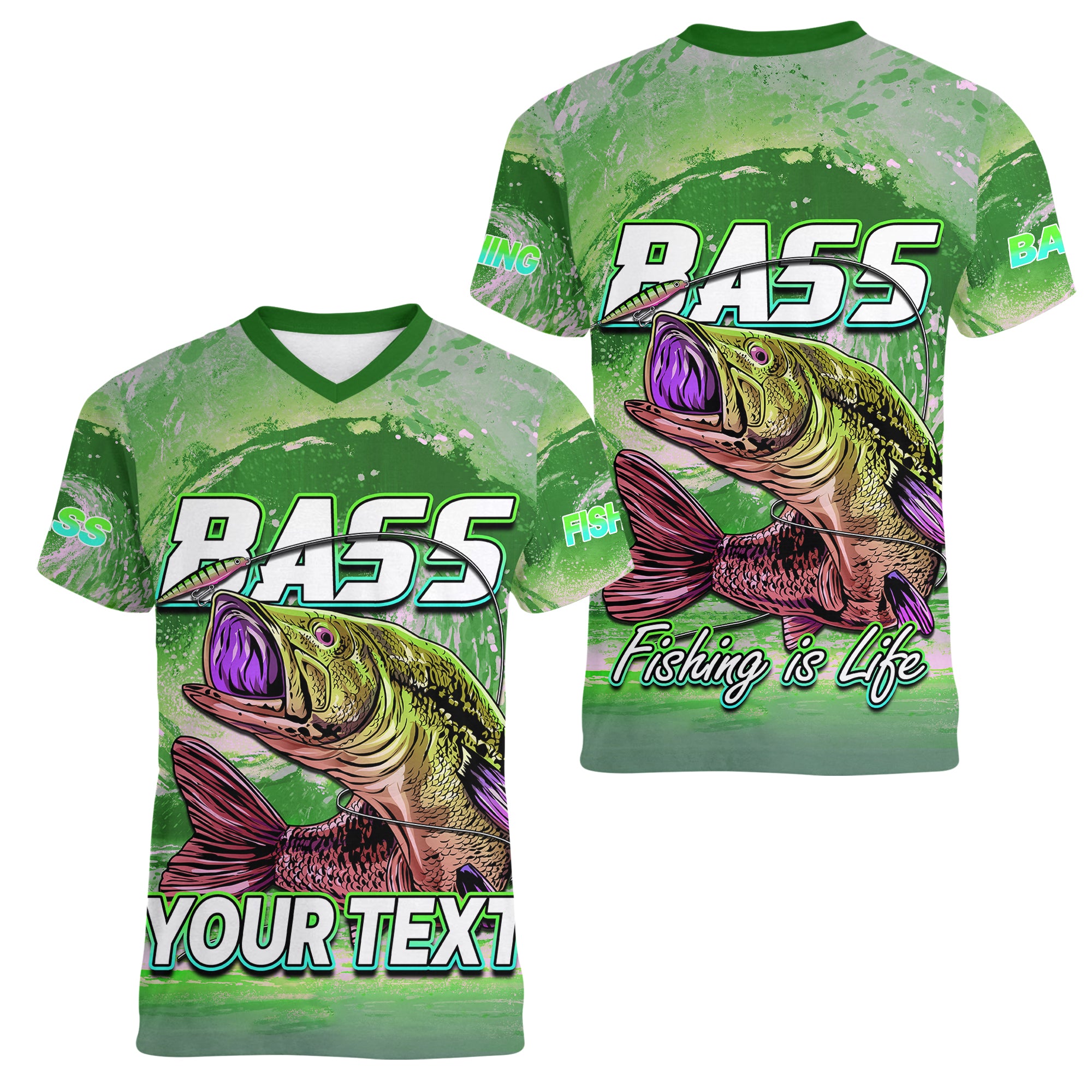 custom-personalised-bass-fishing-is-life-hook-sport-largemouth-green-women-v-neck-t-shirt