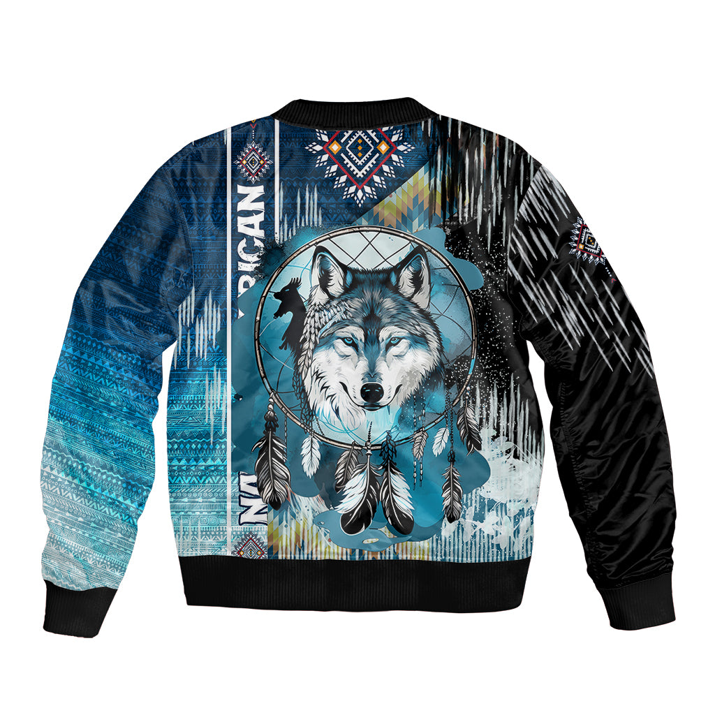 Unisex blue and black bomber jacket back with large wolf dreamcatcher graphic and ribbed hem