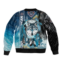Unisex blue and black bomber jacket back with large wolf dreamcatcher graphic and ribbed hem