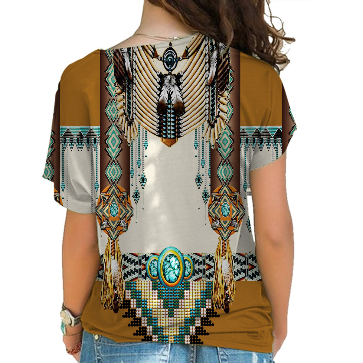 Cross-shoulder shirt with multicolor native graphic back, short sleeves