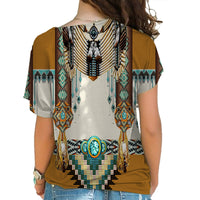 Cross-shoulder shirt with multicolor native graphic back, short sleeves