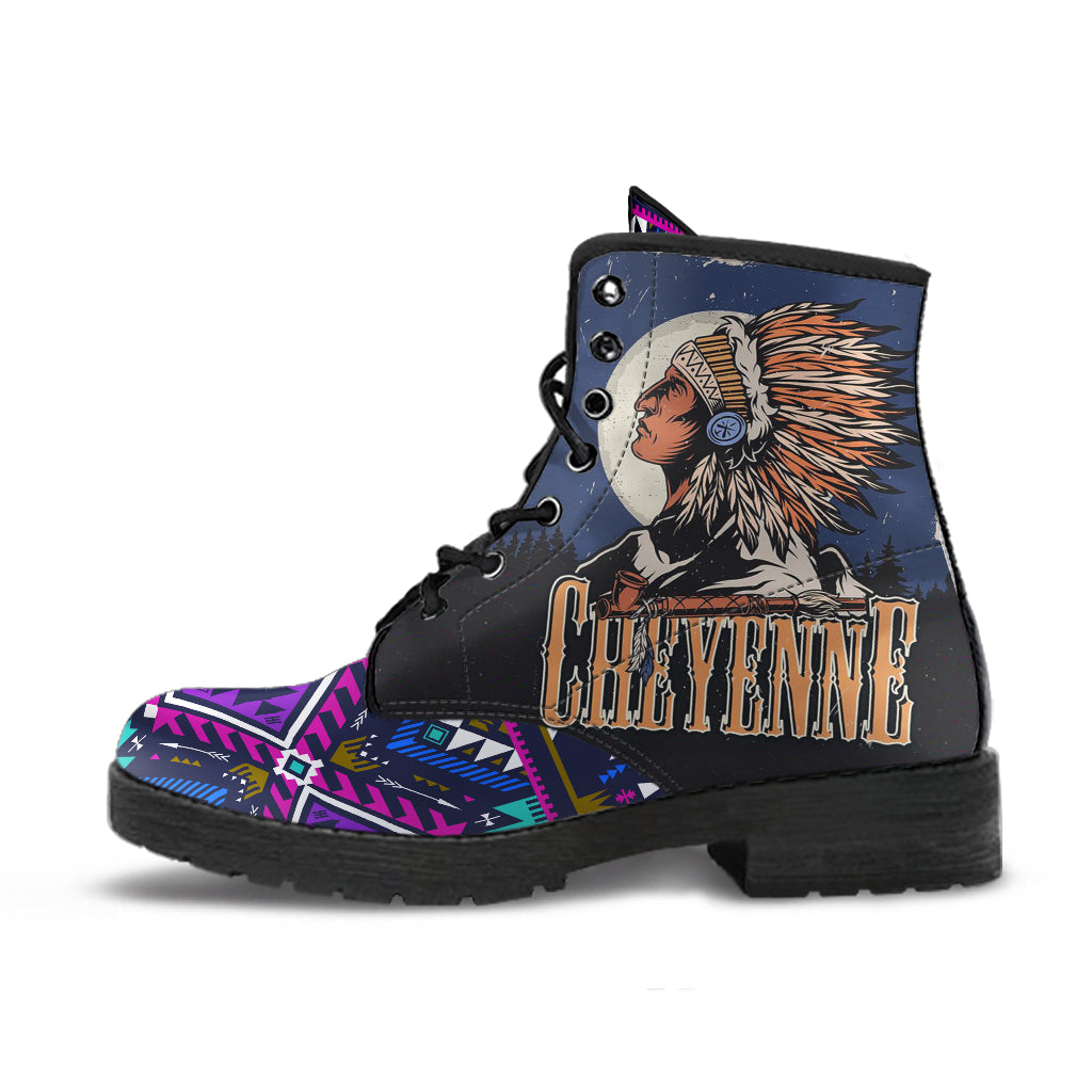 Purple-and-multicolor Native American graphic leather boots with lace-up and chunky sole