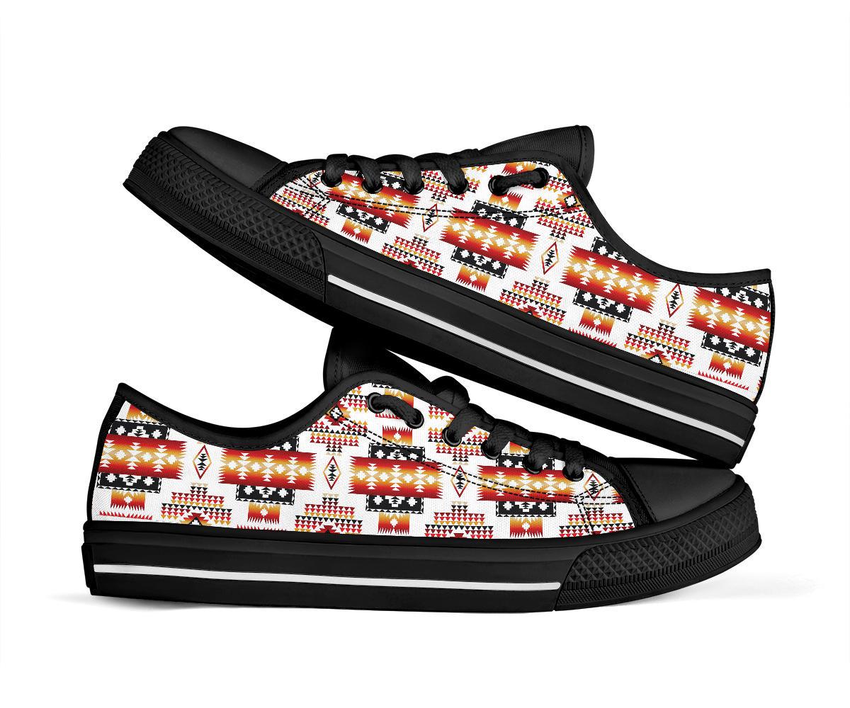 Low-top sneakers with Native-style multicolor pattern on white canvas and black sole