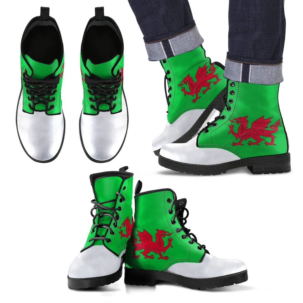 Wales flag leather boots with green panels, red dragon print, black laces