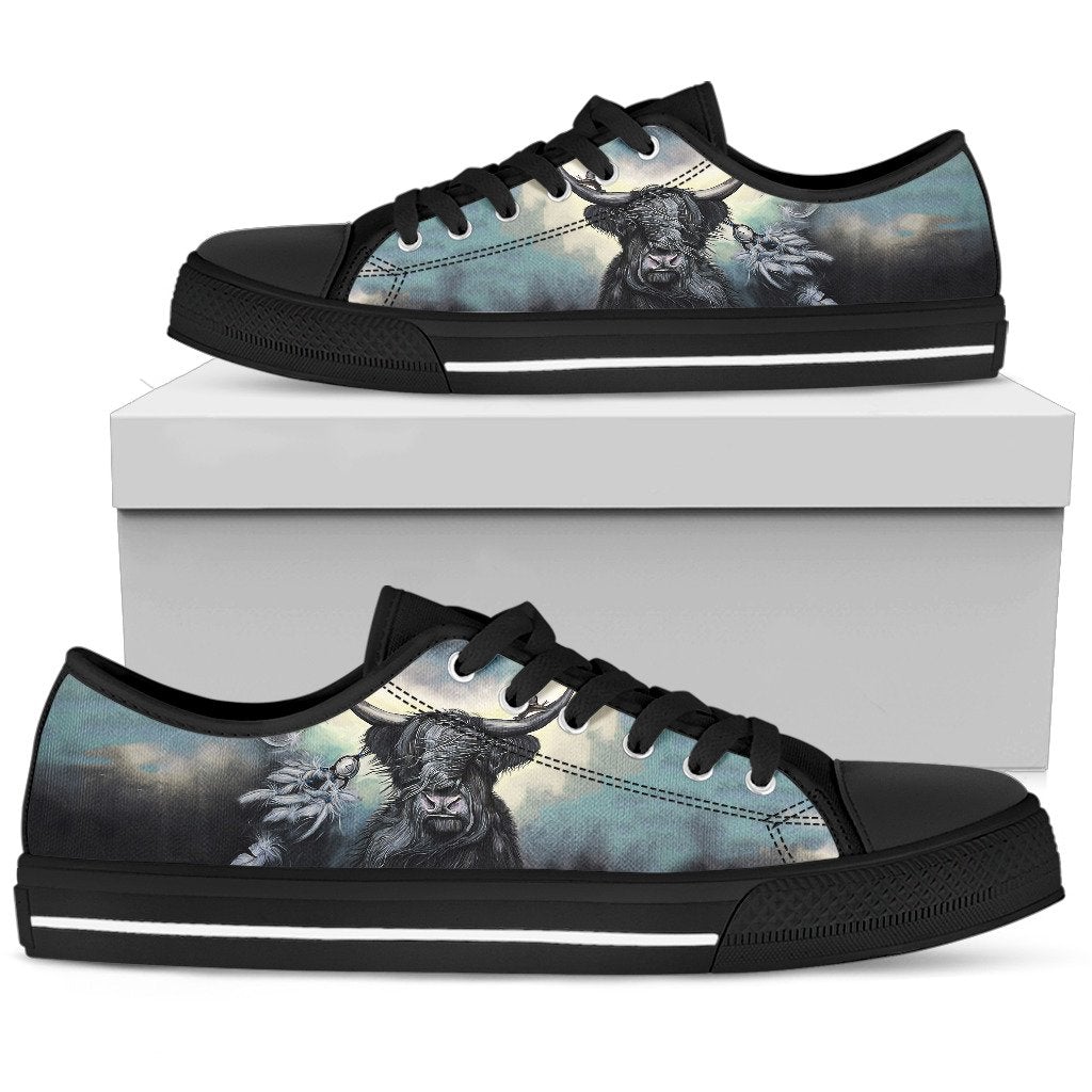 Highland cow low-top sneakers, black sole, blue plaid graphic, black laces