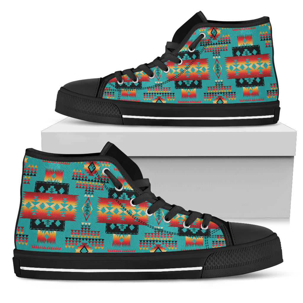Native Tribes pattern high-top shoes with black sole, turquoise multicolor upper