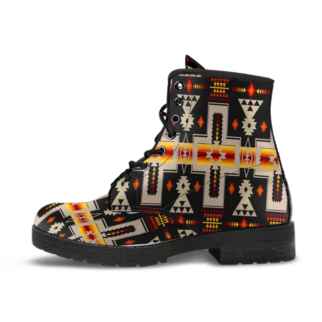 Black Tribe Design native-style leather boots, multicolor Aztec print, black soles