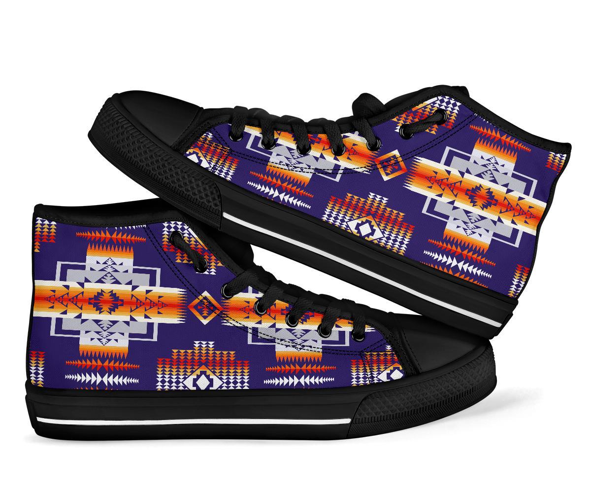 Purple high-top sneakers, tribal geometric print, black laces and sole