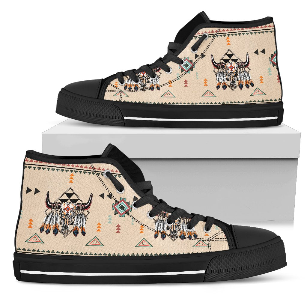 High-top canvas shoes with tan bison geometric print and black laces, black rubber sole