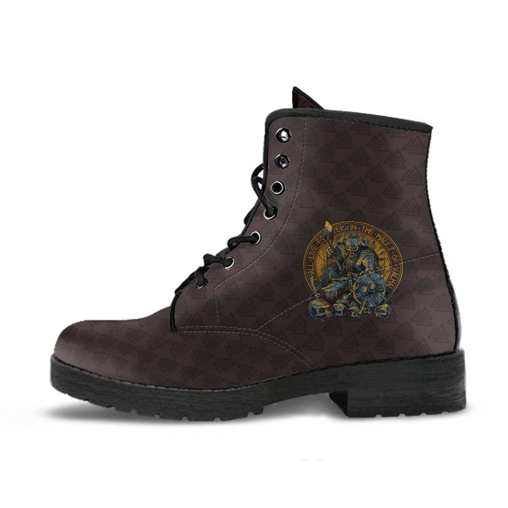 Brown lace-up leather-style boots with Viking emblem, black sole and metal eyelets