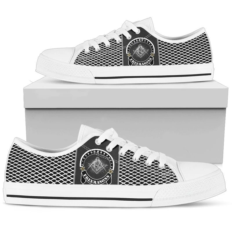 Low-top sneakers: black mesh upper, white laces, freemasonry emblem patch